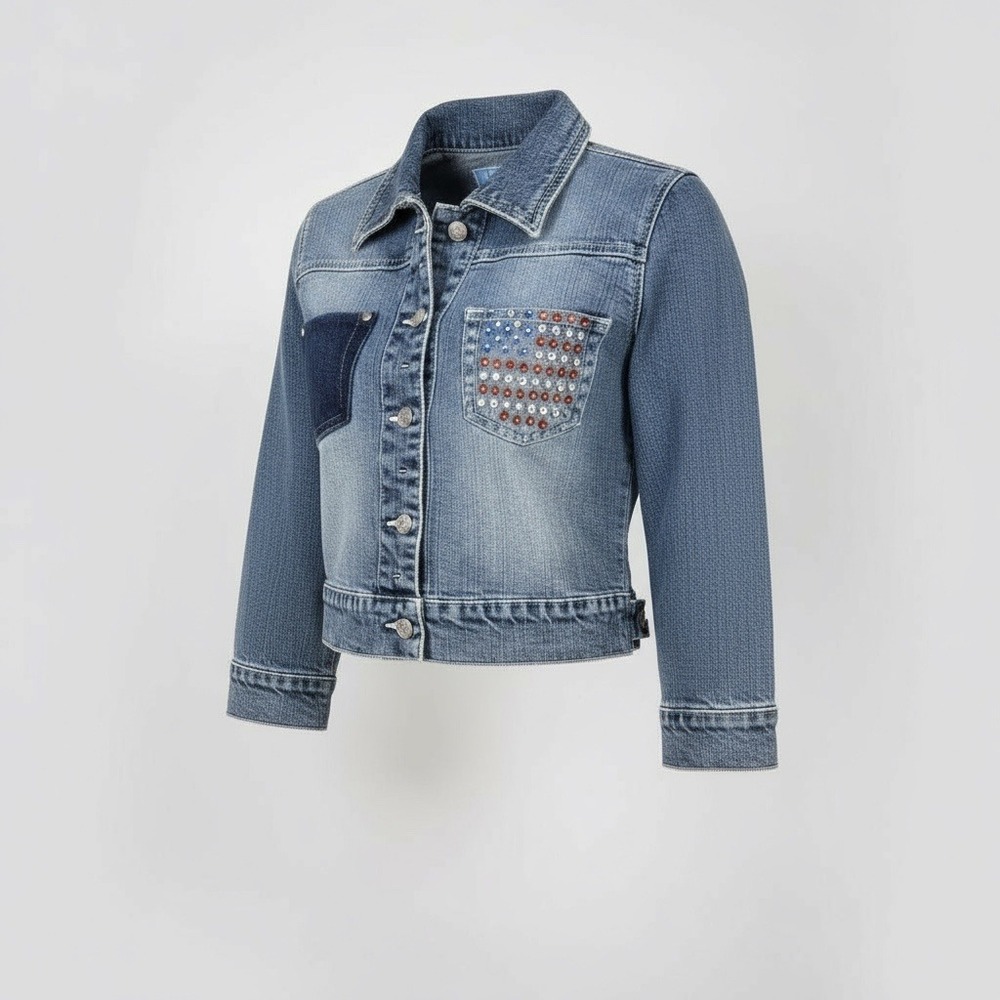 Vintage Y2K AZZURE Womens Denim Jacket American Flag Rhinestone Blue Jean Size S